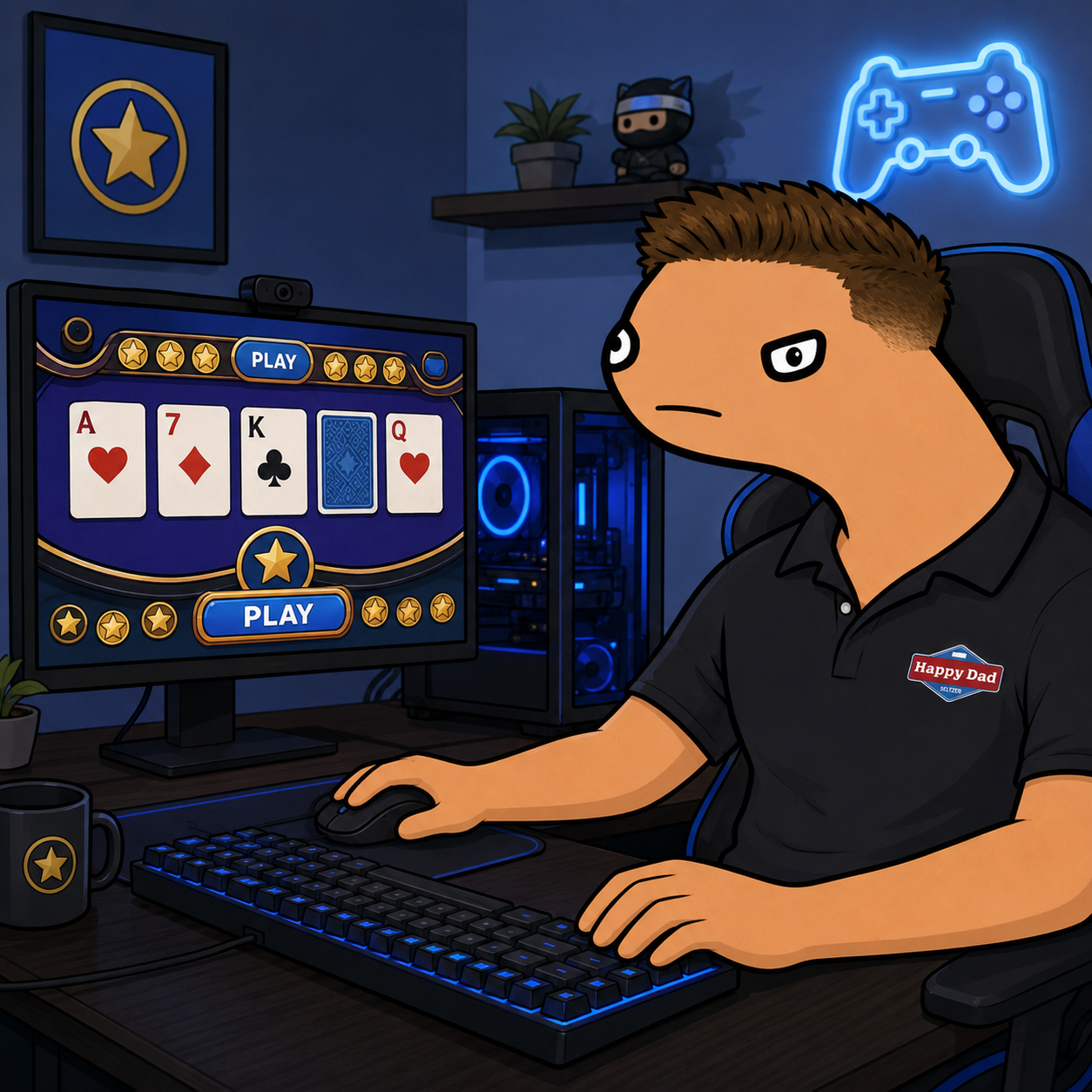 Stove at his gaming computer playing a card game