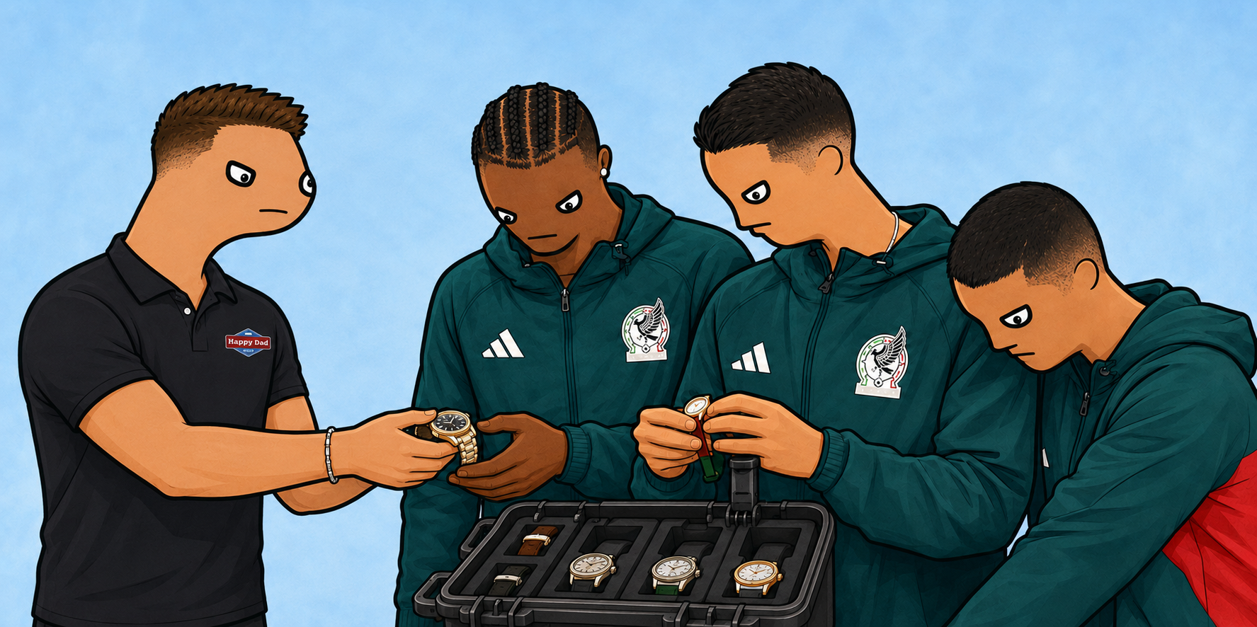 Stove in his Happy Dad polo showing a gold watch to three soccer players in green jackets, a case of watches open on the table